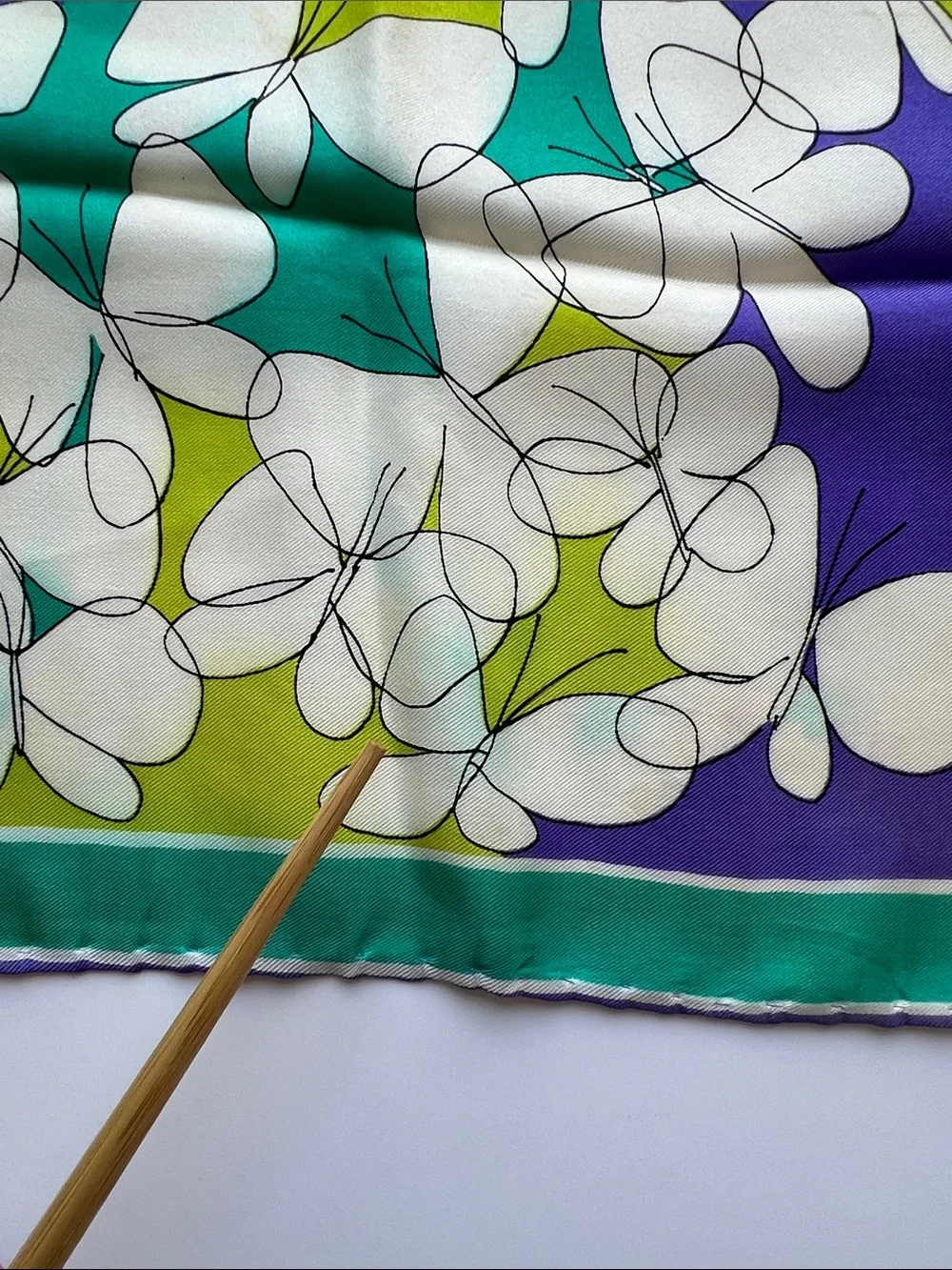 Vintage Vera Neumann Silk Scarf in Teal, Lime & Purple with butterfly motif.